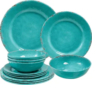 Farmhouse Melamine Plates and Bowls Set, Set of 4 BPA Free 100% Melamine 12 Piece Vintage Dishes Dinnerware Sets,Dishwasher Safe, Teal