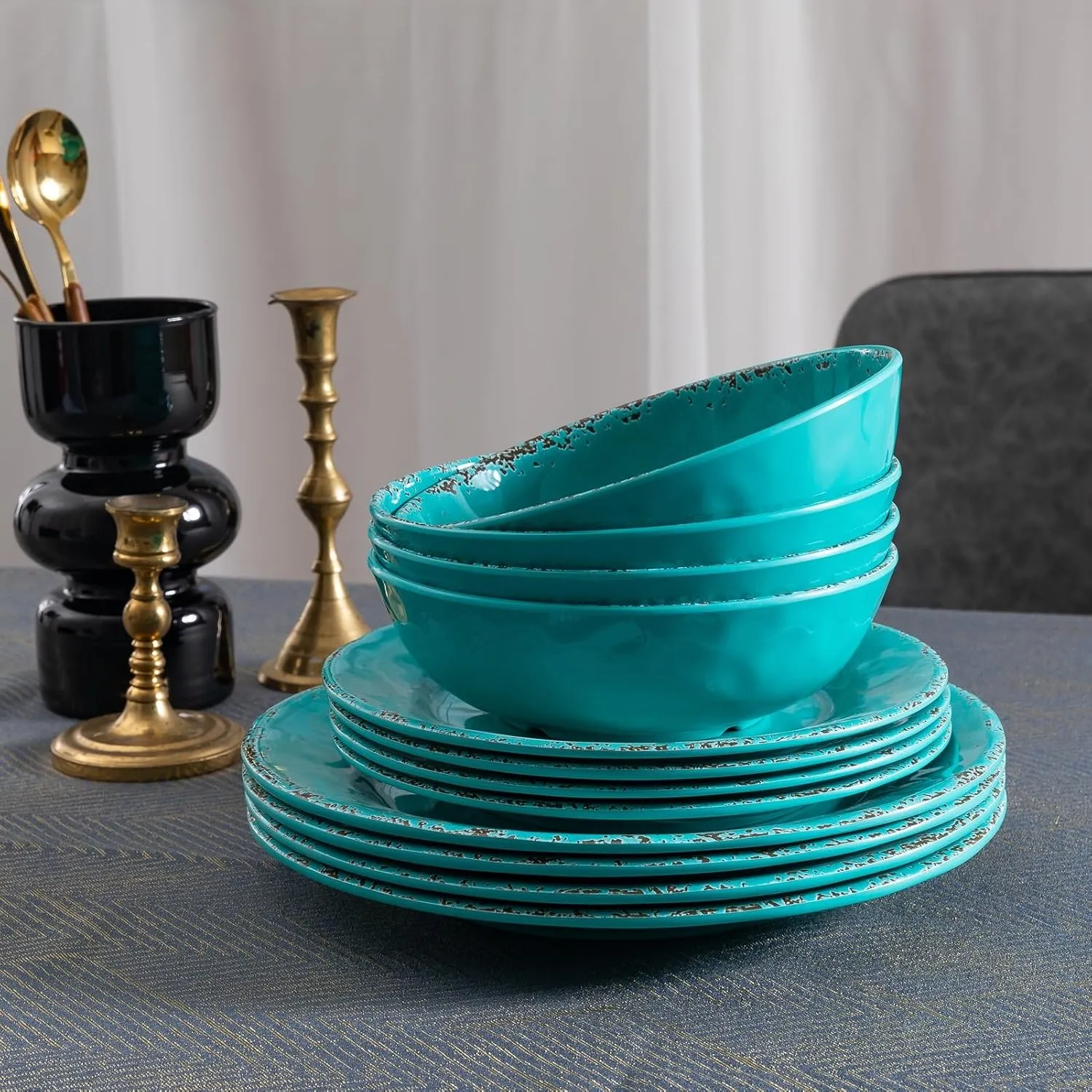 Farmhouse Melamine Plates and Bowls Set, Set of 4 BPA Free 100% Melamine 12 Piece Vintage Dishes Dinnerware Sets,Dishwasher Safe, Teal