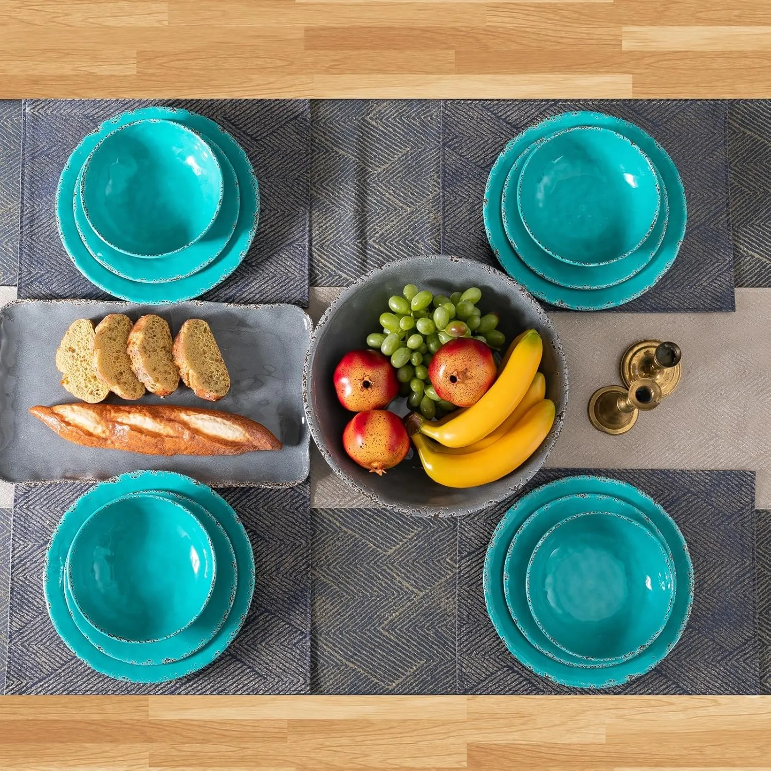 Farmhouse Melamine Plates and Bowls Set, Set of 4 BPA Free 100% Melamine 12 Piece Vintage Dishes Dinnerware Sets,Dishwasher Safe, Teal