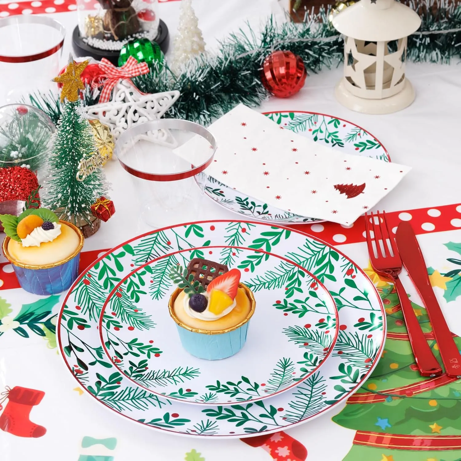 Festiva 176Pcs Christmas Plastic Plates Heavy Duty- Christmas disposable Dinnerware - include 50Plates 25Knives 25Forks 25Spoons 25Cups 25Napkins 1Christmas Tree Tablecloth - for Christmas