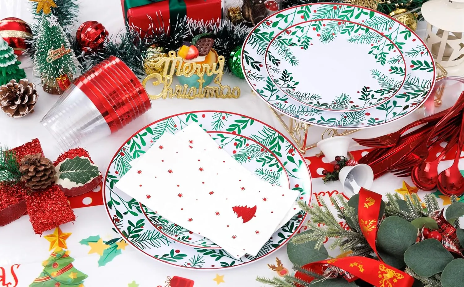 Festiva 176Pcs Christmas Plastic Plates Heavy Duty- Christmas disposable Dinnerware - include 50Plates 25Knives 25Forks 25Spoons 25Cups 25Napkins 1Christmas Tree Tablecloth - for Christmas