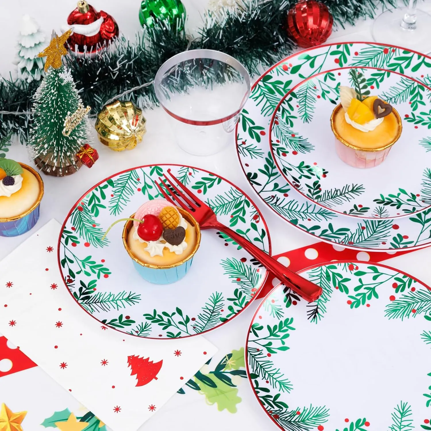 Festiva 176Pcs Christmas Plastic Plates Heavy Duty- Christmas disposable Dinnerware - include 50Plates 25Knives 25Forks 25Spoons 25Cups 25Napkins 1Christmas Tree Tablecloth - for Christmas