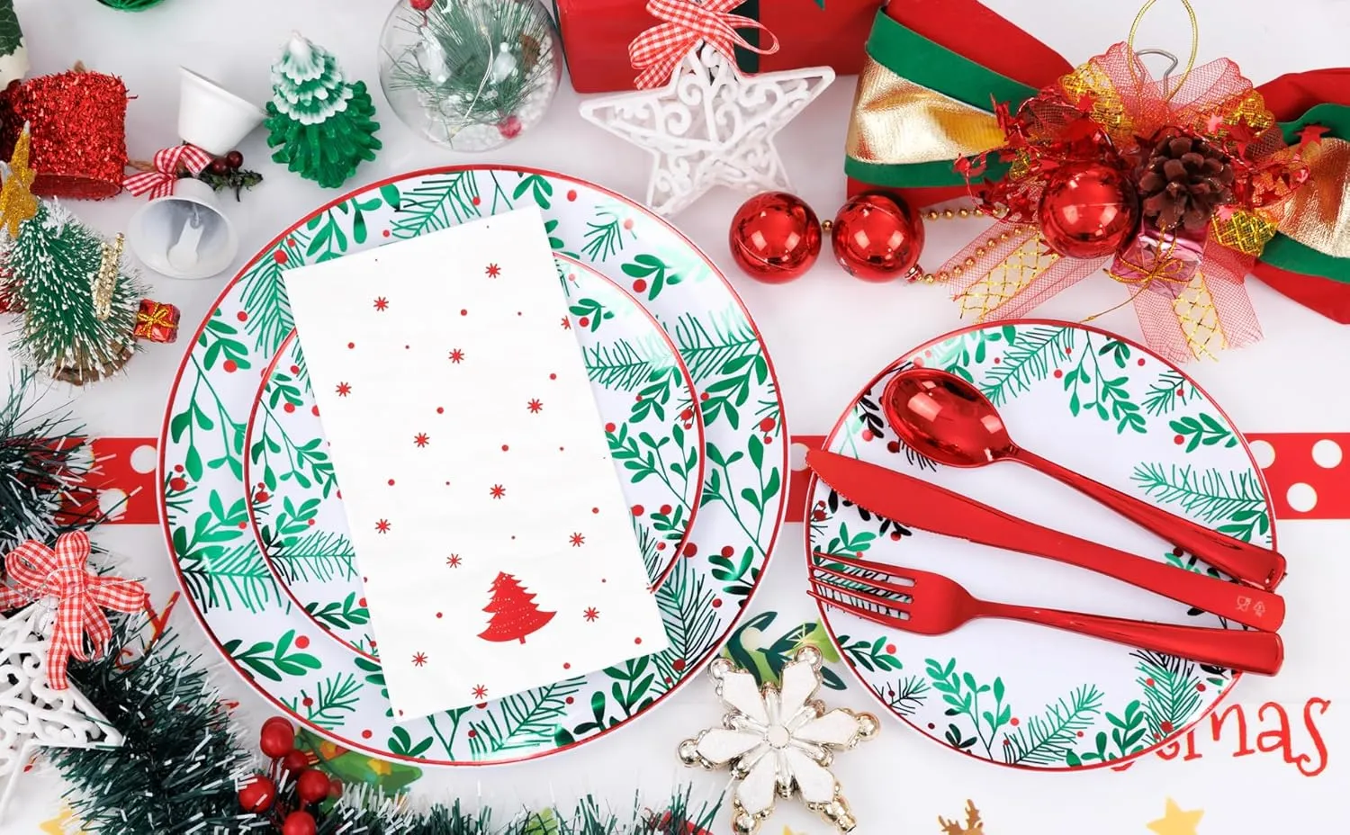 Festiva 176Pcs Christmas Plastic Plates Heavy Duty- Christmas disposable Dinnerware - include 50Plates 25Knives 25Forks 25Spoons 25Cups 25Napkins 1Christmas Tree Tablecloth - for Christmas