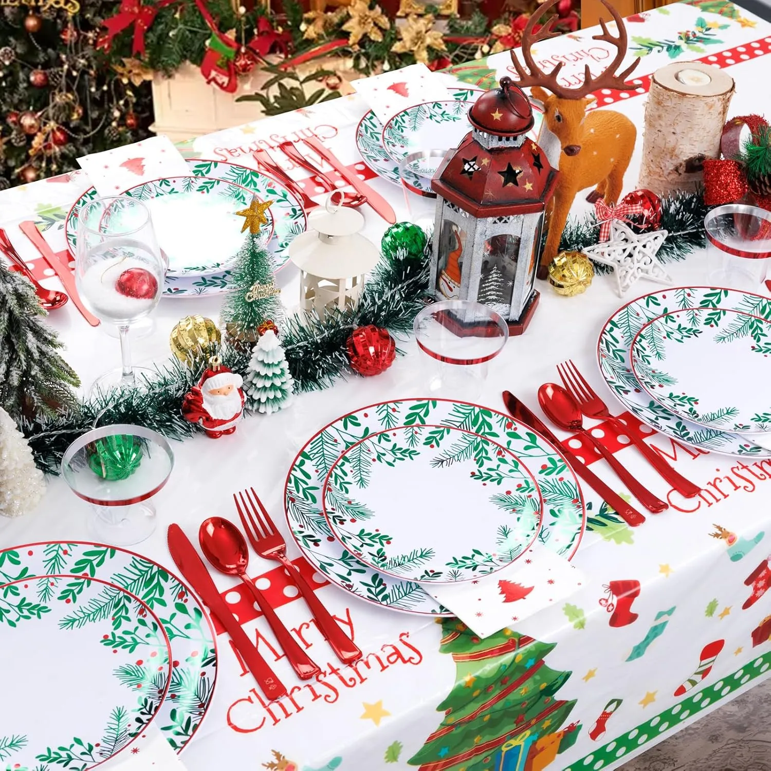Festiva 176Pcs Christmas Plastic Plates Heavy Duty- Christmas disposable Dinnerware - include 50Plates 25Knives 25Forks 25Spoons 25Cups 25Napkins 1Christmas Tree Tablecloth - for Christmas