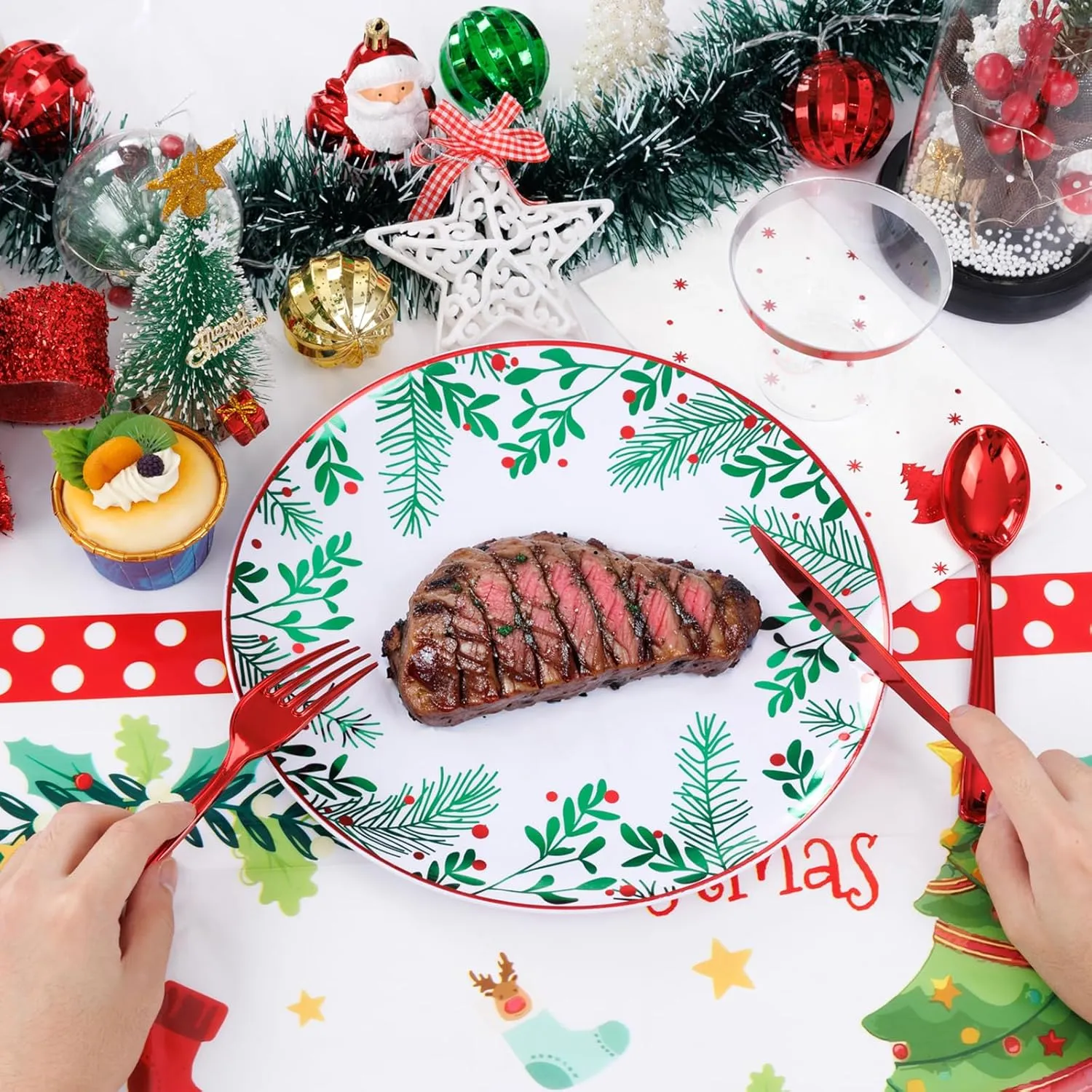 Festiva 176Pcs Christmas Plastic Plates Heavy Duty- Christmas disposable Dinnerware - include 50Plates 25Knives 25Forks 25Spoons 25Cups 25Napkins 1Christmas Tree Tablecloth - for Christmas