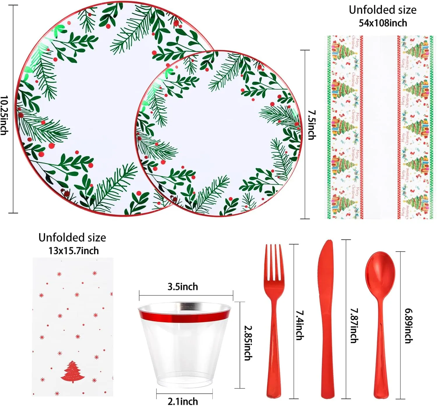 Festiva 176Pcs Christmas Plastic Plates Heavy Duty- Christmas disposable Dinnerware - include 50Plates 25Knives 25Forks 25Spoons 25Cups 25Napkins 1Christmas Tree Tablecloth - for Christmas