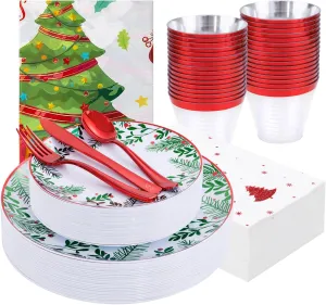 Festiva 176Pcs Christmas Plastic Plates Heavy Duty- Christmas disposable Dinnerware - include 50Plates 25Knives 25Forks 25Spoons 25Cups 25Napkins 1Christmas Tree Tablecloth - for Christmas