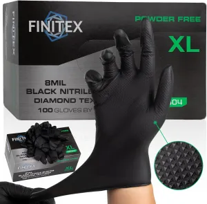 FINITEX Heavy Duty Black Industrial Nitrile Disposable Gloves - 100PCS 8Mil Latex-free Powder-free 3D Diamond Mechanic Gloves
