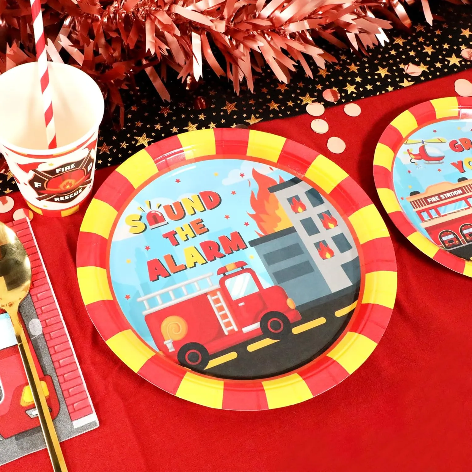 Firetruck Birthday Party Supplies Decorations, Fire Truck Theme Paper Plates and Napkins Set for 24 Guests, 120 Pcs Disposable Firefighter Party Dessert Dinnerwares