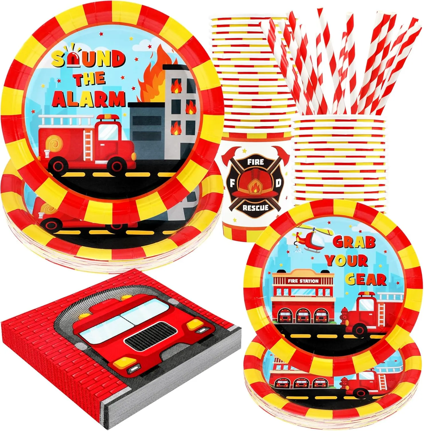 Firetruck Birthday Party Supplies Decorations, Fire Truck Theme Paper Plates and Napkins Set for 24 Guests, 120 Pcs Disposable Firefighter Party Dessert Dinnerwares