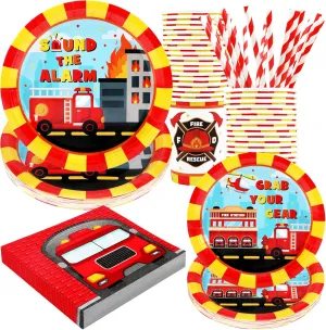 Firetruck Birthday Party Supplies Decorations, Fire Truck Theme Paper Plates and Napkins Set for 24 Guests, 120 Pcs Disposable Firefighter Party Dessert Dinnerwares