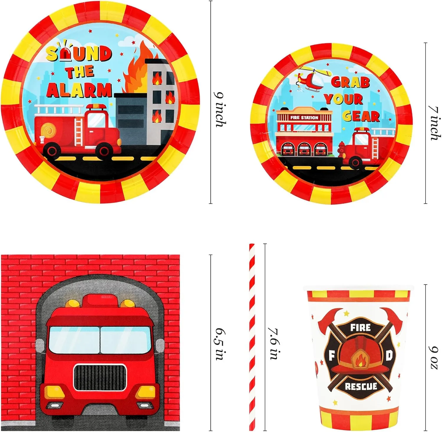 Firetruck Birthday Party Supplies Decorations, Fire Truck Theme Paper Plates and Napkins Set for 24 Guests, 120 Pcs Disposable Firefighter Party Dessert Dinnerwares