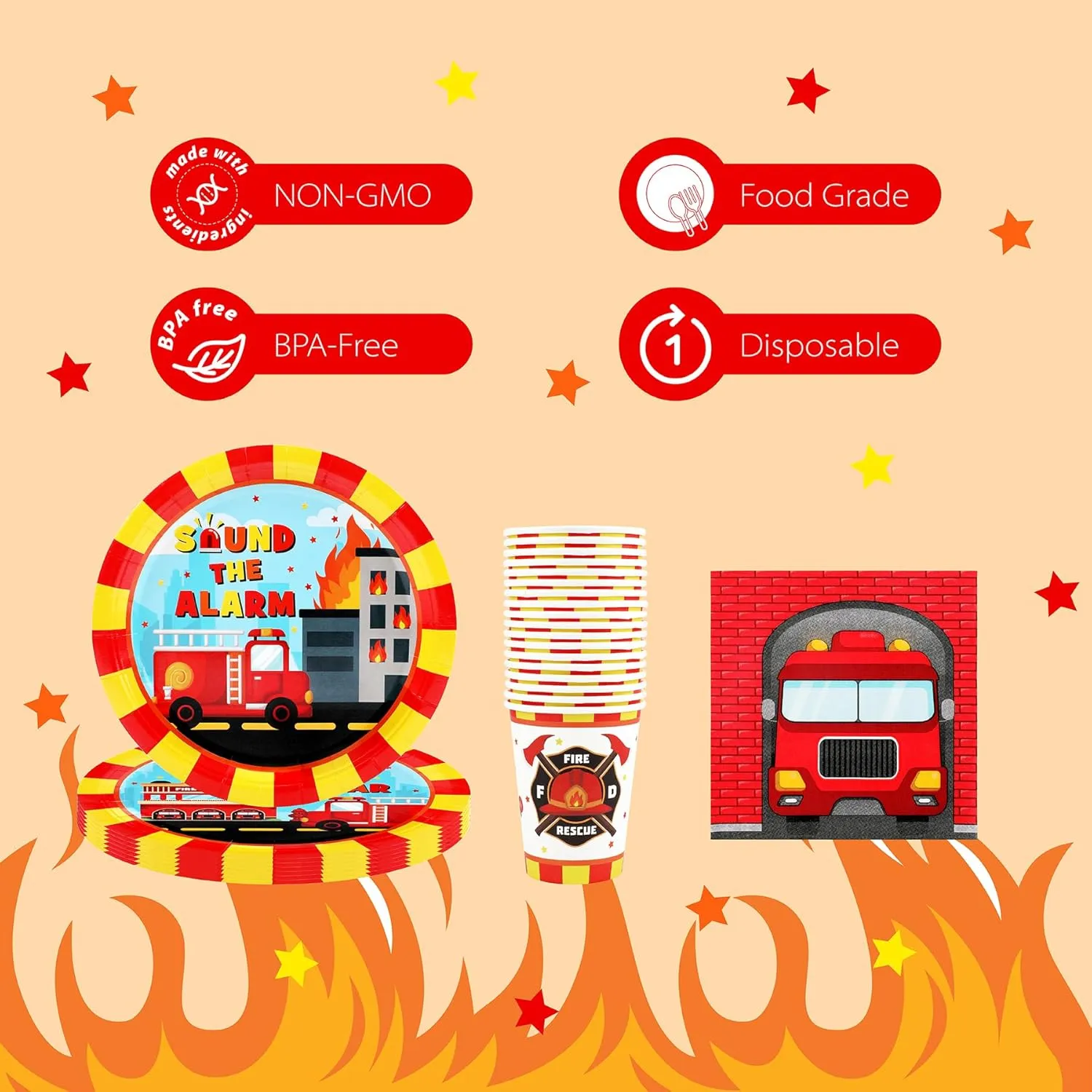 Firetruck Birthday Party Supplies Decorations, Fire Truck Theme Paper Plates and Napkins Set for 24 Guests, 120 Pcs Disposable Firefighter Party Dessert Dinnerwares