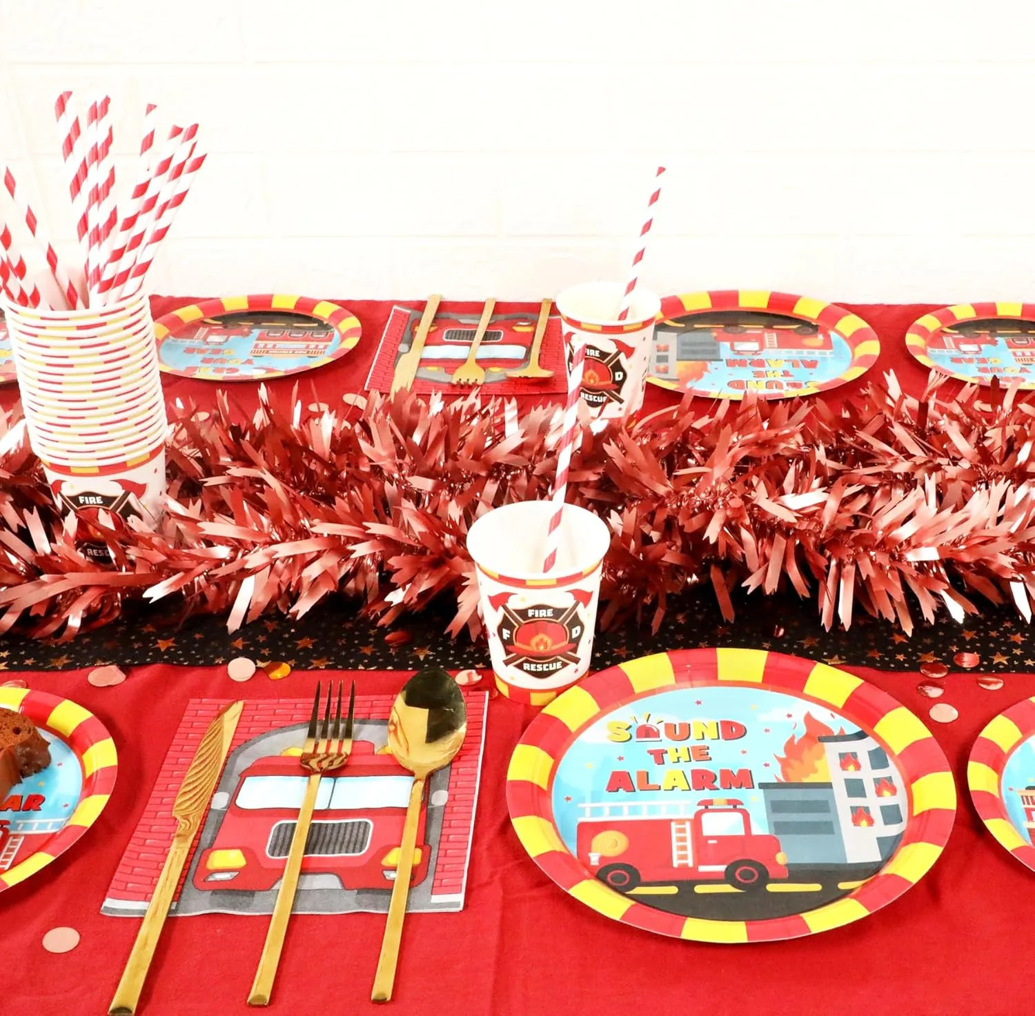 Firetruck Birthday Party Supplies Decorations, Fire Truck Theme Paper Plates and Napkins Set for 24 Guests, 120 Pcs Disposable Firefighter Party Dessert Dinnerwares