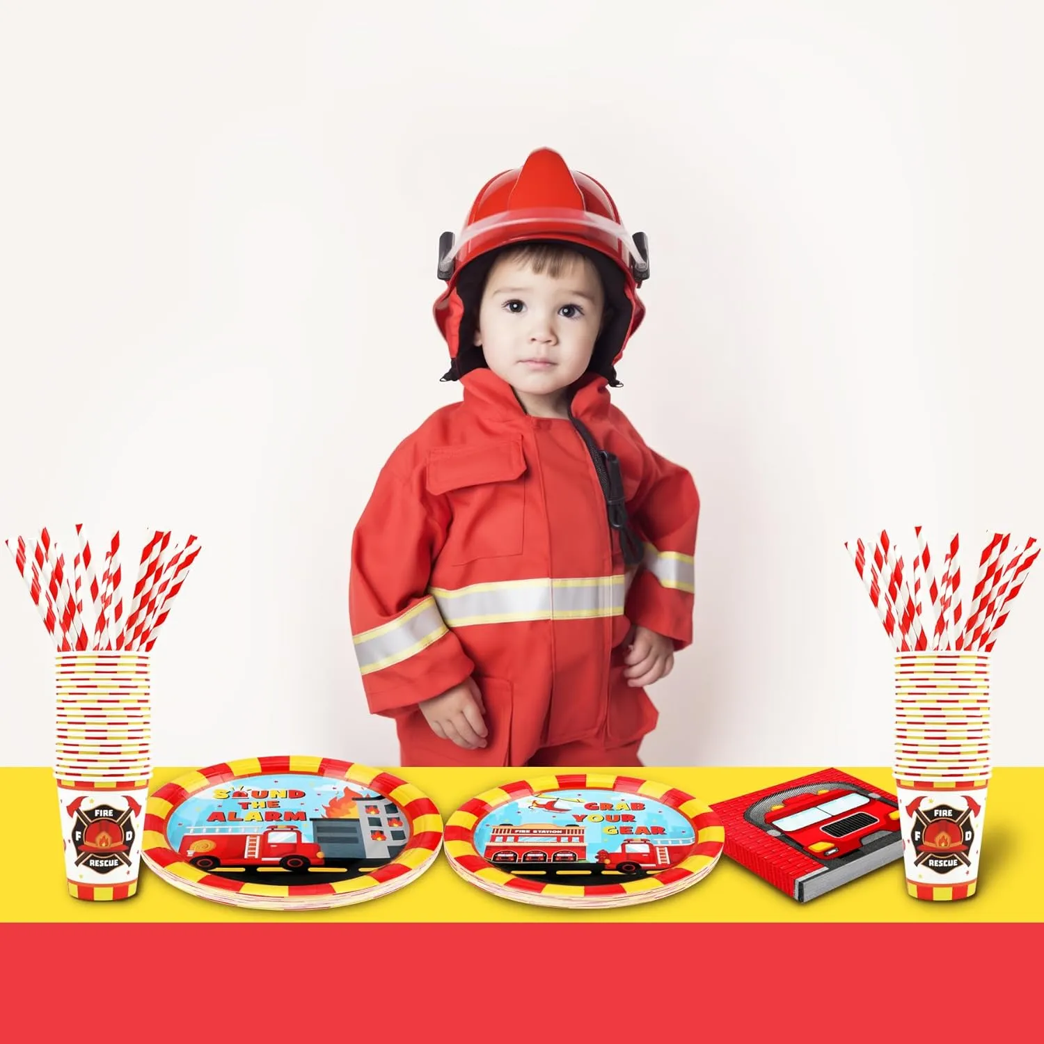 Firetruck Birthday Party Supplies Decorations, Fire Truck Theme Paper Plates and Napkins Set for 24 Guests, 120 Pcs Disposable Firefighter Party Dessert Dinnerwares