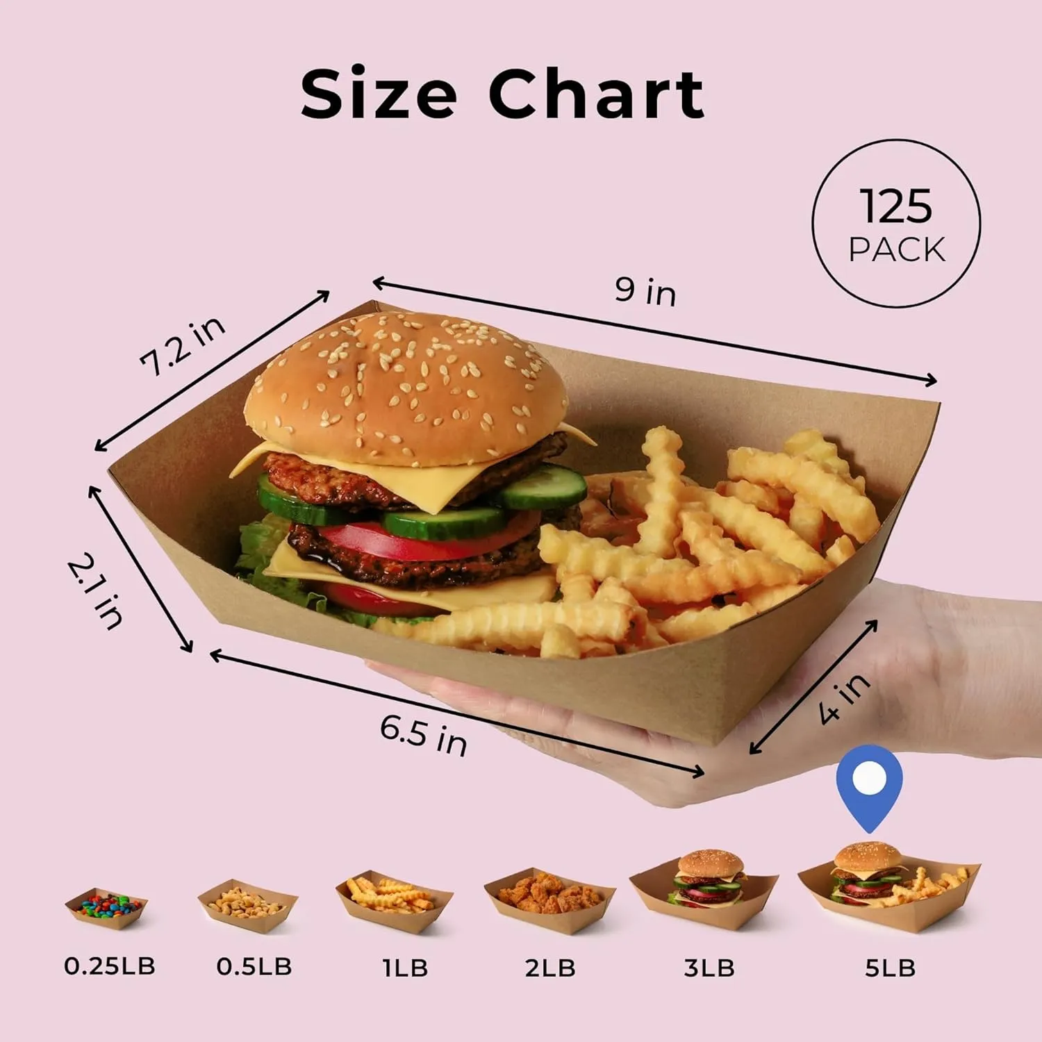 Fit Meal Prep [125 Pack 5 lb Paper Food Trays Heavy Duty Disposable Food Boat, Kraft Brown Nacho Tray for Parties Fairs Picnics Carnivals, Holds Hamburger Snack Fries Grease Resistant