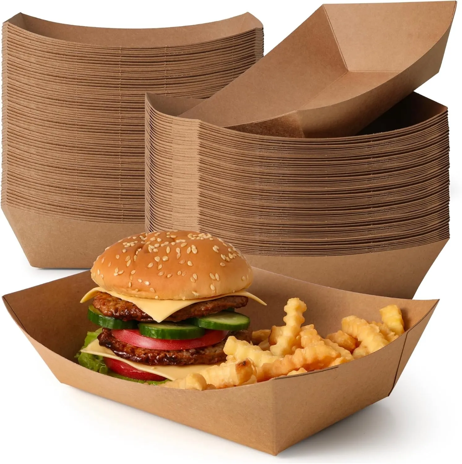 Fit Meal Prep [125 Pack 5 lb Paper Food Trays Heavy Duty Disposable Food Boat, Kraft Brown Nacho Tray for Parties Fairs Picnics Carnivals, Holds Hamburger Snack Fries Grease Resistant