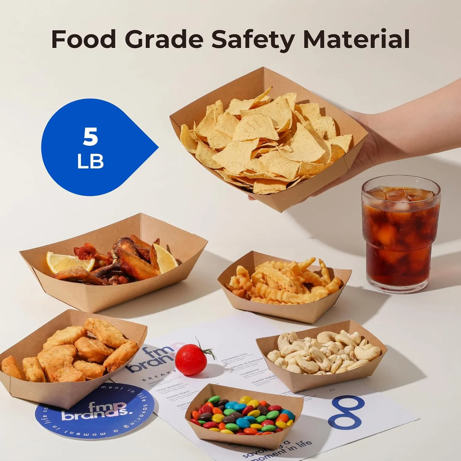 Fit Meal Prep [125 Pack 5 lb Paper Food Trays Heavy Duty Disposable Food Boat, Kraft Brown Nacho Tray for Parties Fairs Picnics Carnivals, Holds Hamburger Snack Fries Grease Resistant