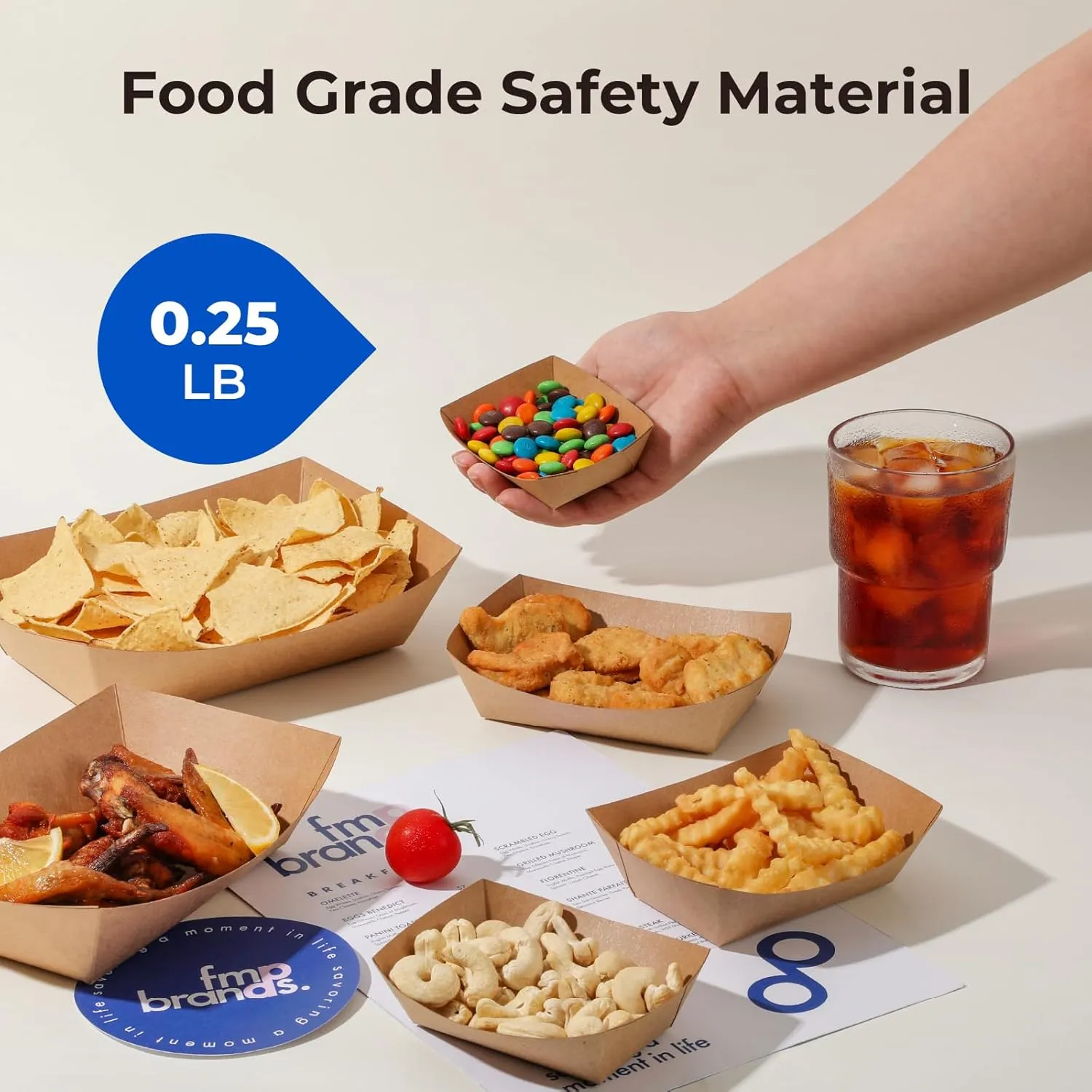 Fit Meal Prep [250 Pack 0.25 lb Paper Food Boats Heavy Duty Disposable Food Trays, Kraft Brown Nacho Tray for Parties Fairs Picnics Carnivals, Holds Sause Candies Nut Grease Resistant