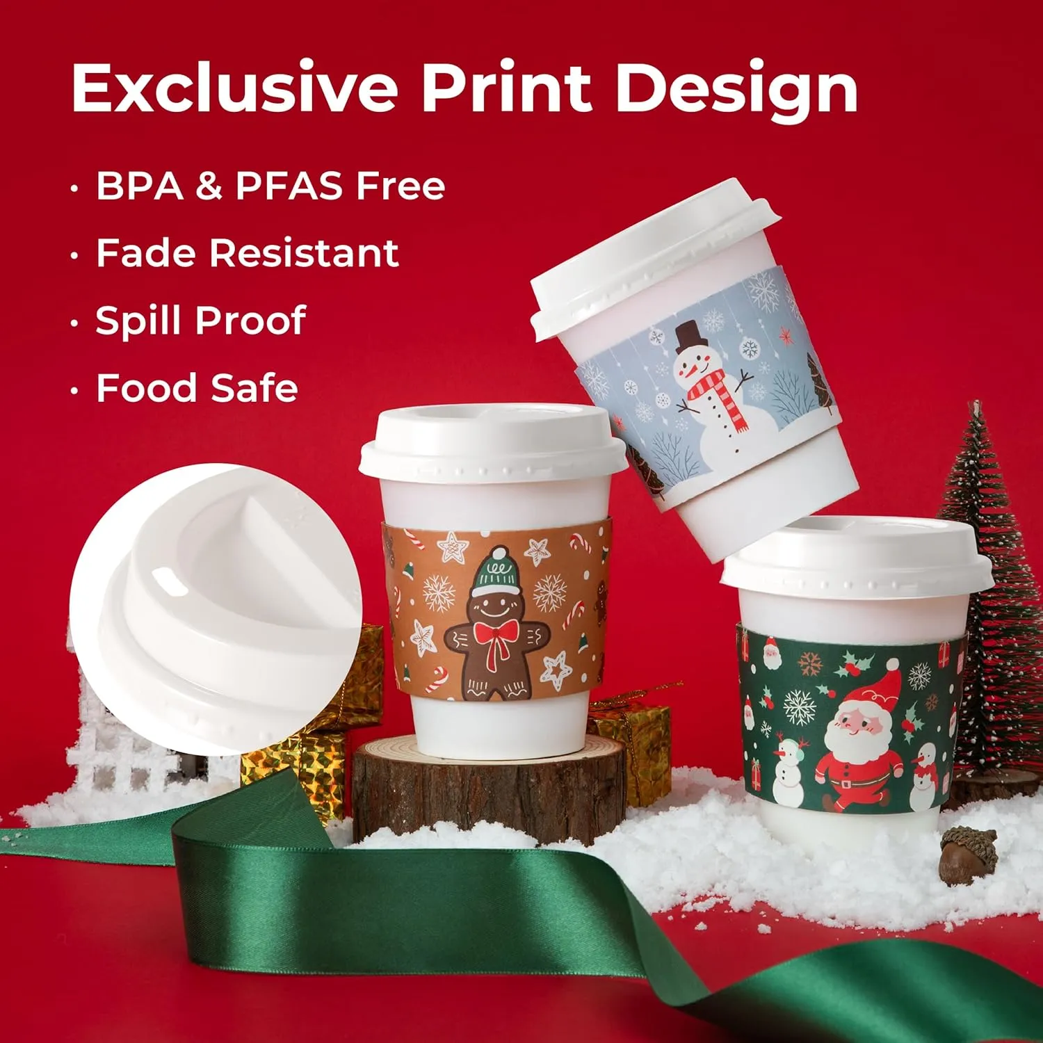 Fit Meal Prep 50 Pack 12 oz Christmas Disposable Coffee Cups with Lids, Sleeves, Leak-Proof To Go Coffee Cups with Lids, Durable Holiday Hot Paper Cups for Home, Office, Party, Business