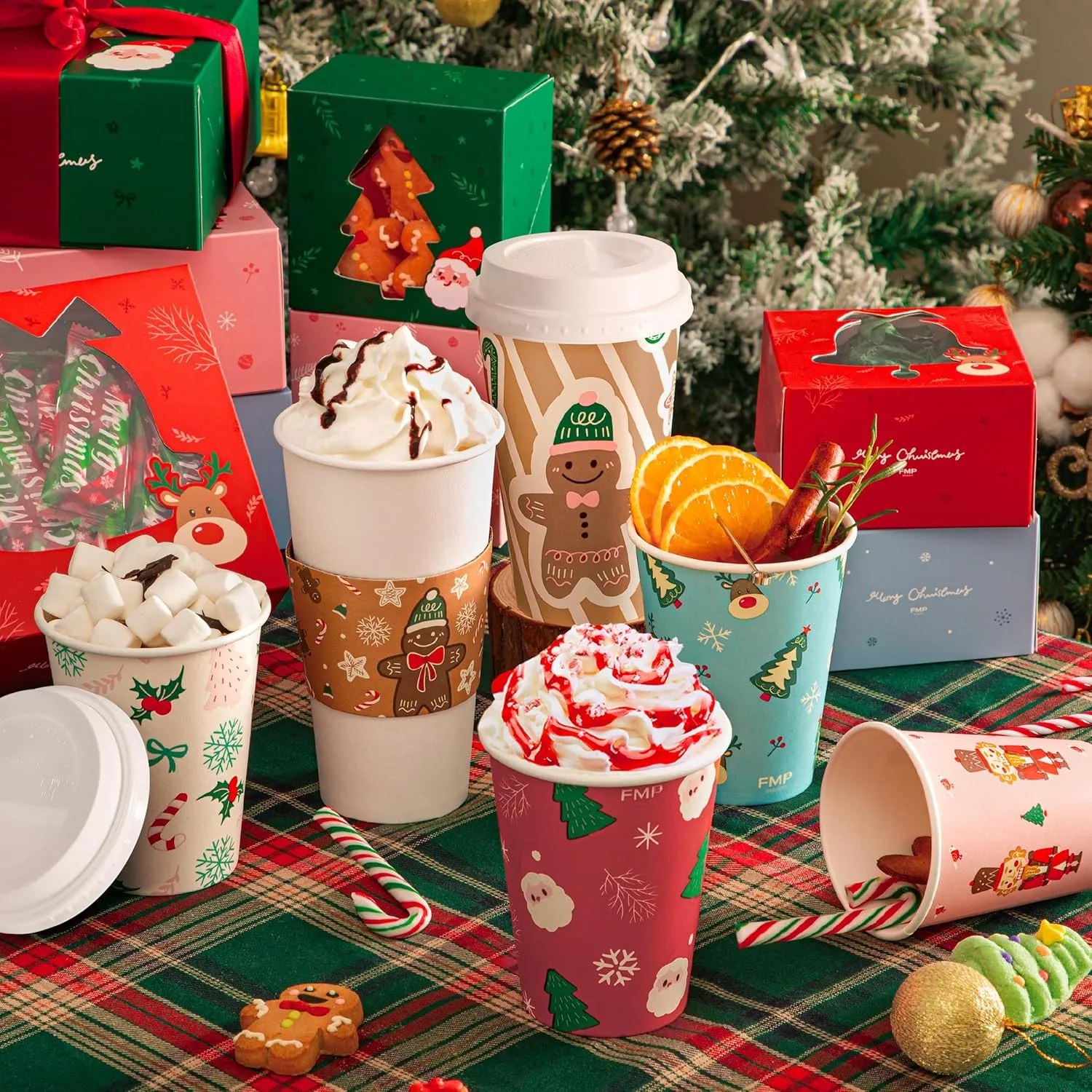 Fit Meal Prep 50 Pack 12 oz Christmas Disposable Coffee Cups with Lids, Sleeves, Leak-Proof To Go Coffee Cups with Lids, Durable Holiday Hot Paper Cups for Home, Office, Party, Business