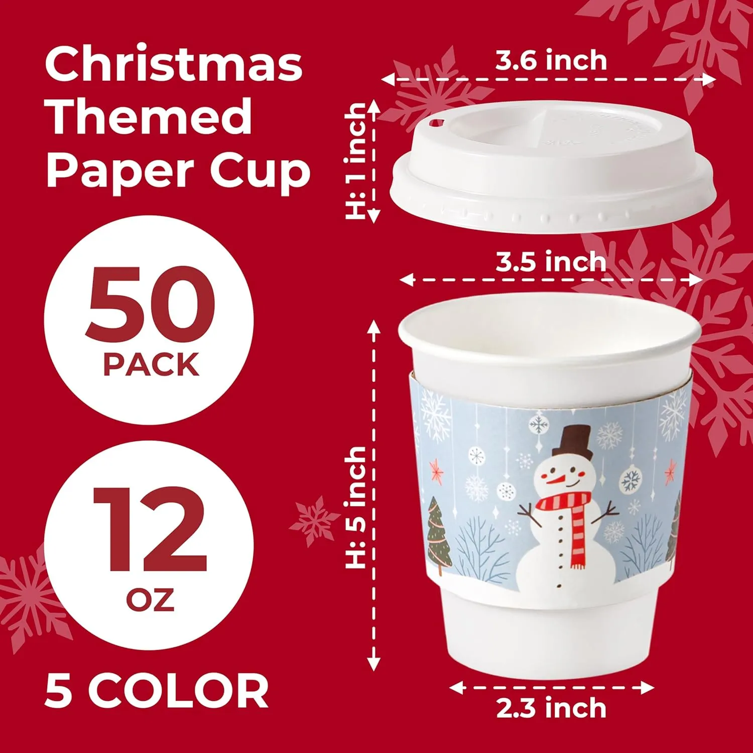 Fit Meal Prep 50 Pack 12 oz Christmas Disposable Coffee Cups with Lids, Sleeves, Leak-Proof To Go Coffee Cups with Lids, Durable Holiday Hot Paper Cups for Home, Office, Party, Business