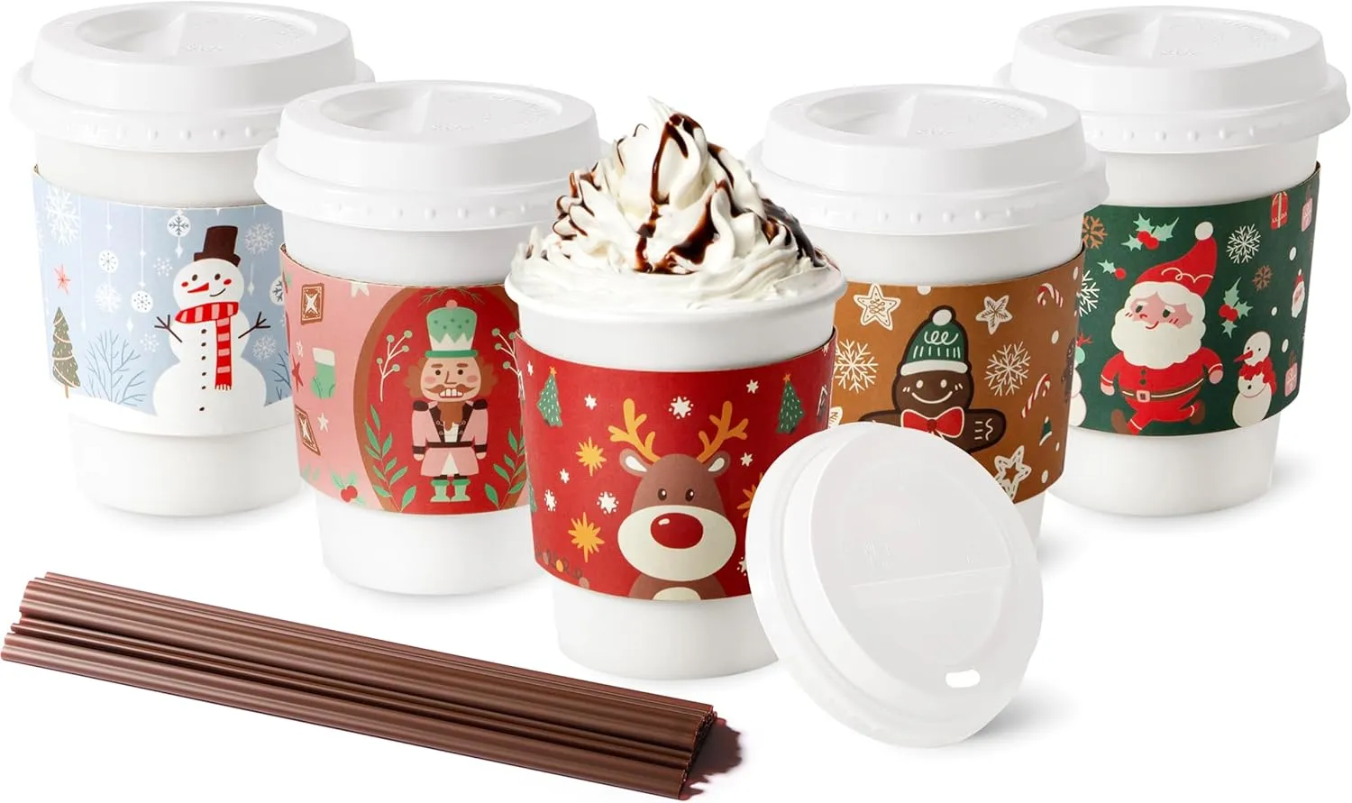 Fit Meal Prep 50 Pack 12 oz Christmas Disposable Coffee Cups with Lids, Sleeves, Leak-Proof To Go Coffee Cups with Lids, Durable Holiday Hot Paper Cups for Home, Office, Party, Business