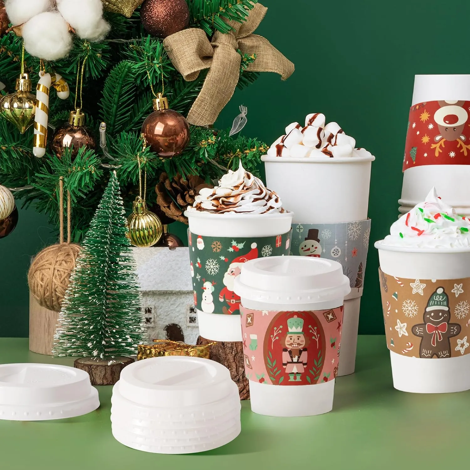 Fit Meal Prep 50 Pack 12 oz Christmas Disposable Coffee Cups with Lids, Sleeves, Leak-Proof To Go Coffee Cups with Lids, Durable Holiday Hot Paper Cups for Home, Office, Party, Business