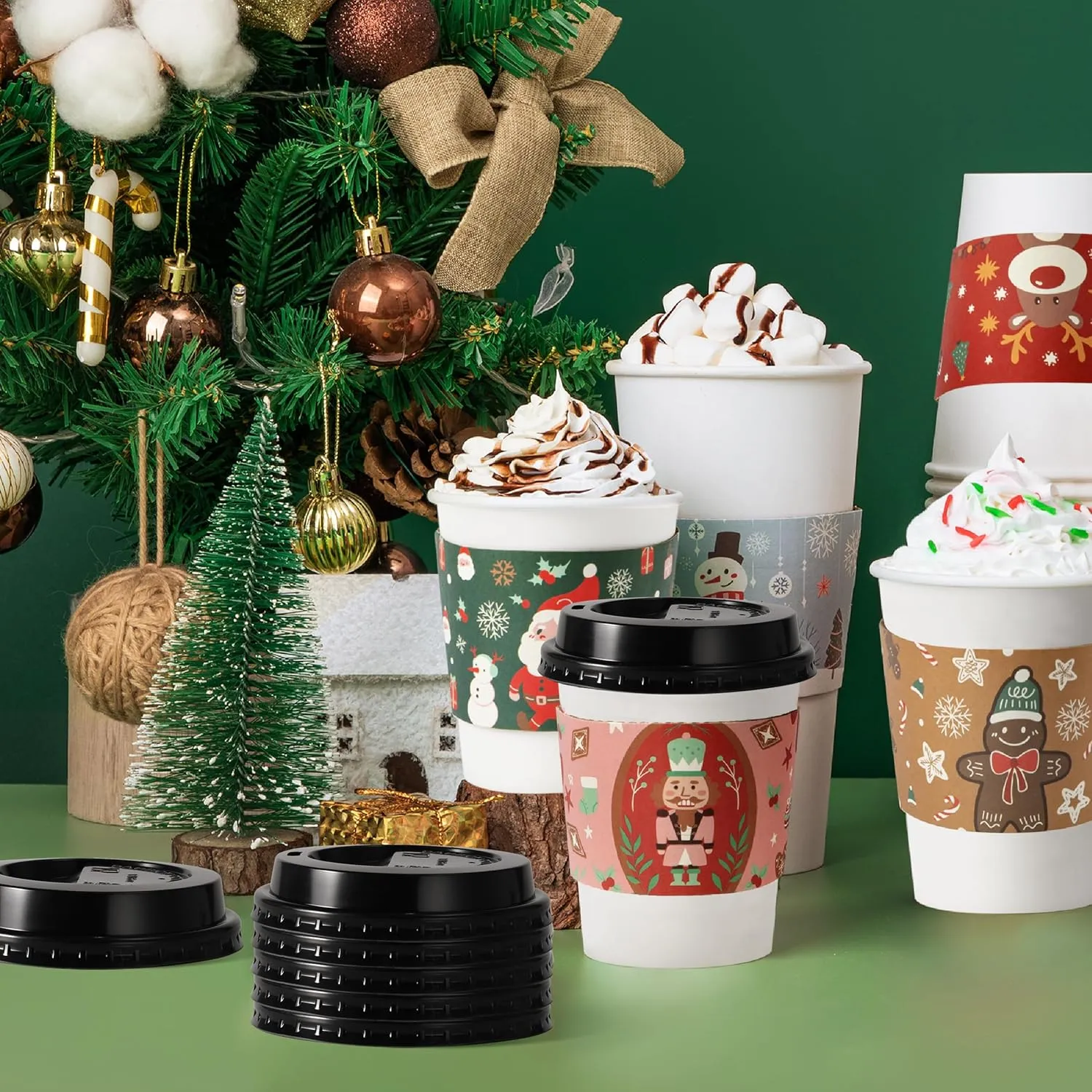 Fit Meal Prep 50 Pack 12 oz Christmas Disposable Coffee Cups with Lids, Sleeves, Leak-Proof To Go Coffee Cups with Lids, Durable Holiday Paper Cups for Hot Beverage, Home, Office, Party
