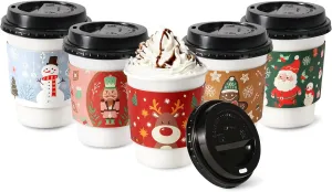 Fit Meal Prep 50 Pack 12 oz Christmas Disposable Coffee Cups with Lids, Sleeves, Leak-Proof To Go Coffee Cups with Lids, Durable Holiday Paper Cups for Hot Beverage, Home, Office, Party