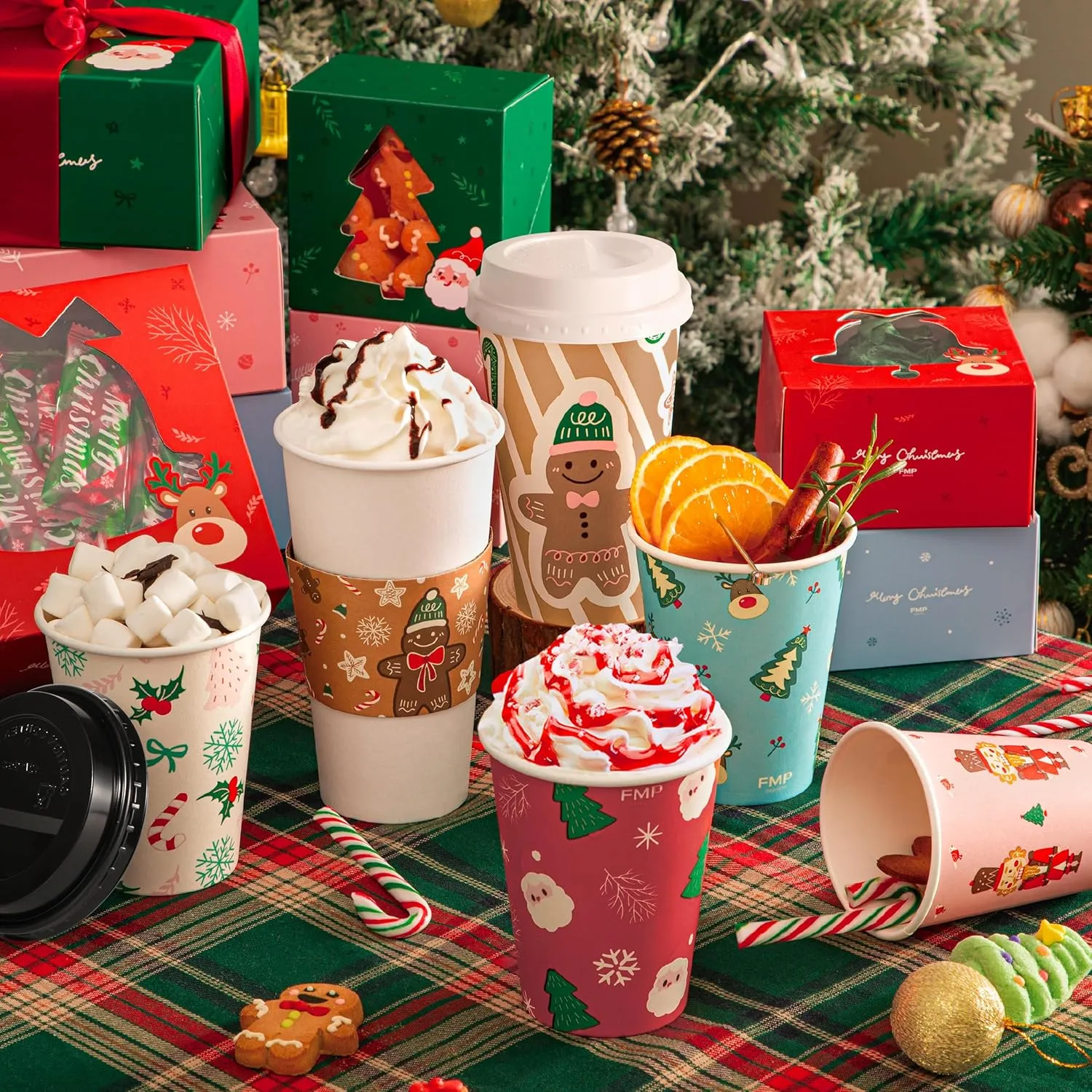 Fit Meal Prep 50 Pack 12 oz Christmas Disposable Coffee Cups with Lids, Sleeves, Leak-Proof To Go Coffee Cups with Lids, Durable Holiday Paper Cups for Hot Beverage, Home, Office, Party