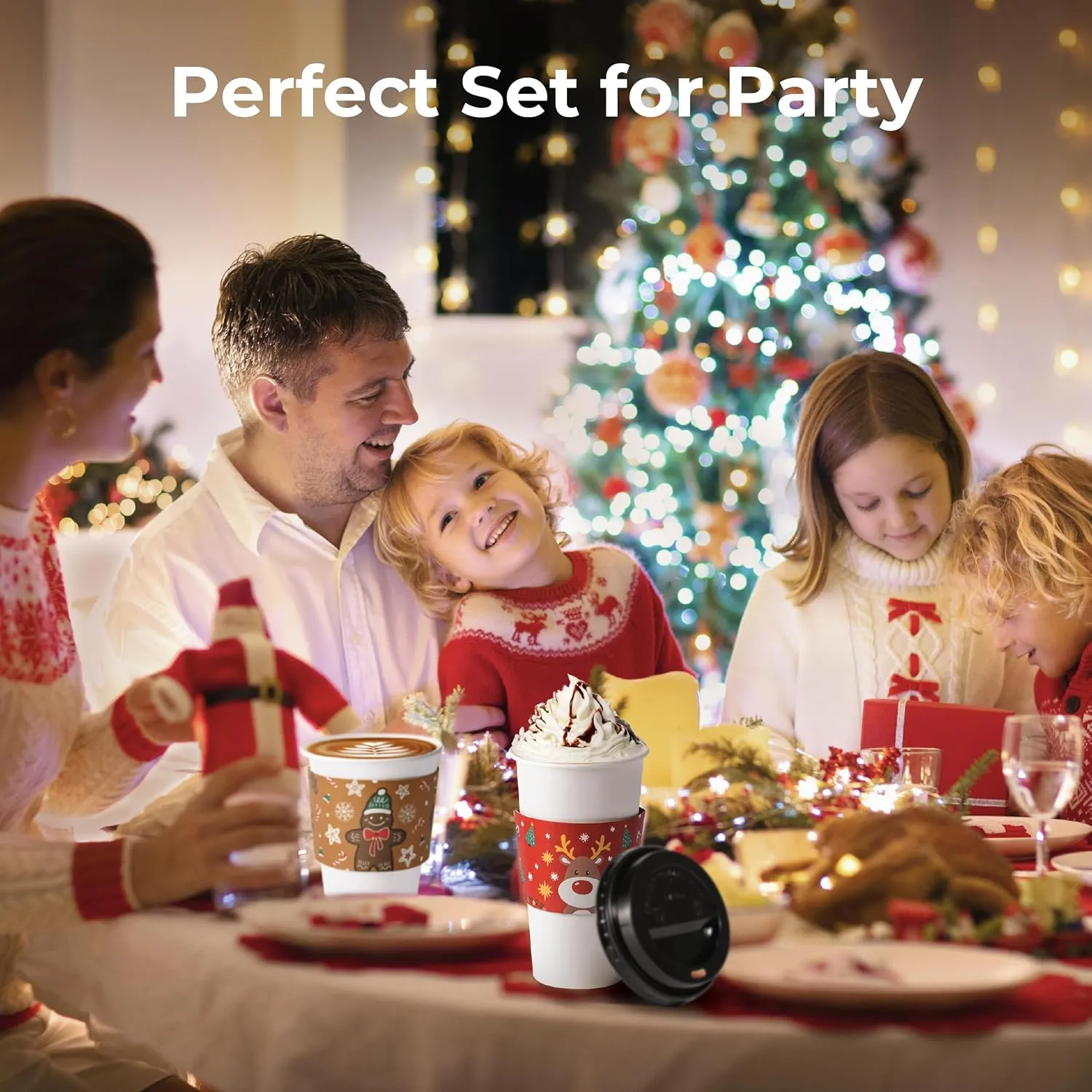 Fit Meal Prep 50 Pack 12 oz Christmas Disposable Coffee Cups with Lids, Sleeves, Leak-Proof To Go Coffee Cups with Lids, Durable Holiday Paper Cups for Hot Beverage, Home, Office, Party