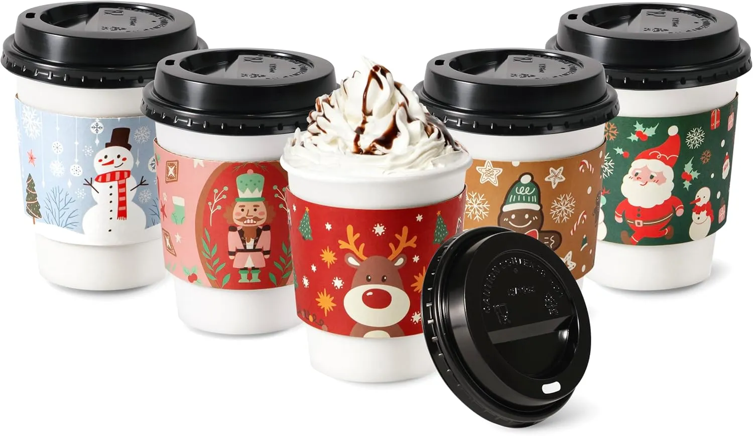 Fit Meal Prep 50 Pack 12 oz Christmas Disposable Coffee Cups with Lids, Sleeves, Leak-Proof To Go Coffee Cups with Lids, Durable Holiday Paper Cups for Hot Beverage, Home, Office, Party
