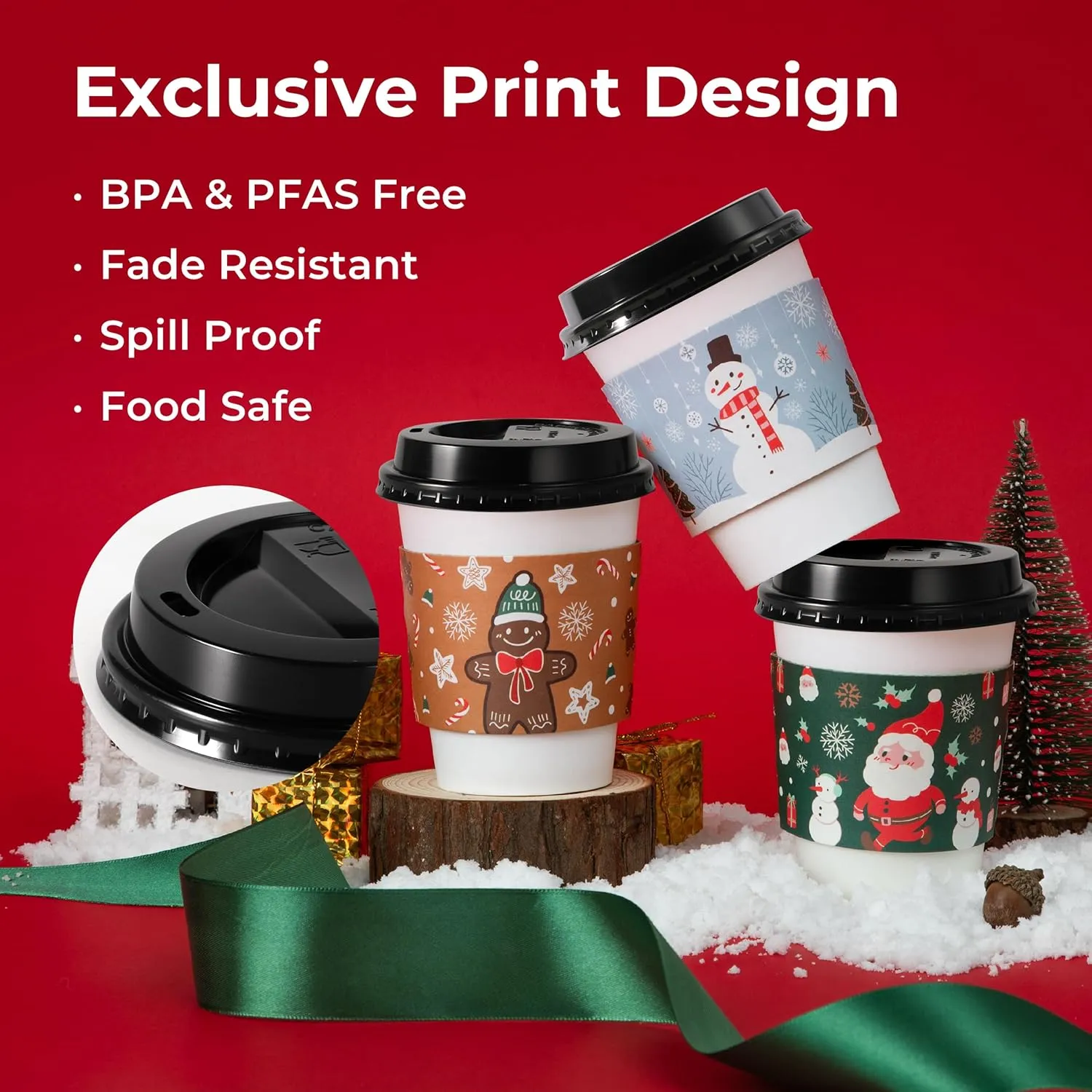 Fit Meal Prep 50 Pack 12 oz Christmas Disposable Coffee Cups with Lids, Sleeves, Leak-Proof To Go Coffee Cups with Lids, Durable Holiday Paper Cups for Hot Beverage, Home, Office, Party