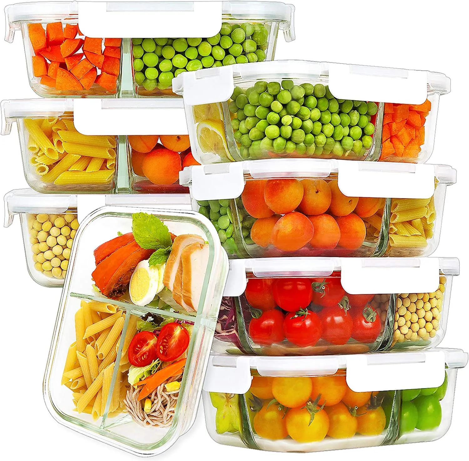 FIT Strong & Healthy  Bayco 8 Pack Glass Meal Prep Containers 3 Compartment, Glass Food Storage Containers with Lids, Airtight Glass Lunch Bento Boxes, BPA-Free & Leak Proof (8 lids & 8 Containers)