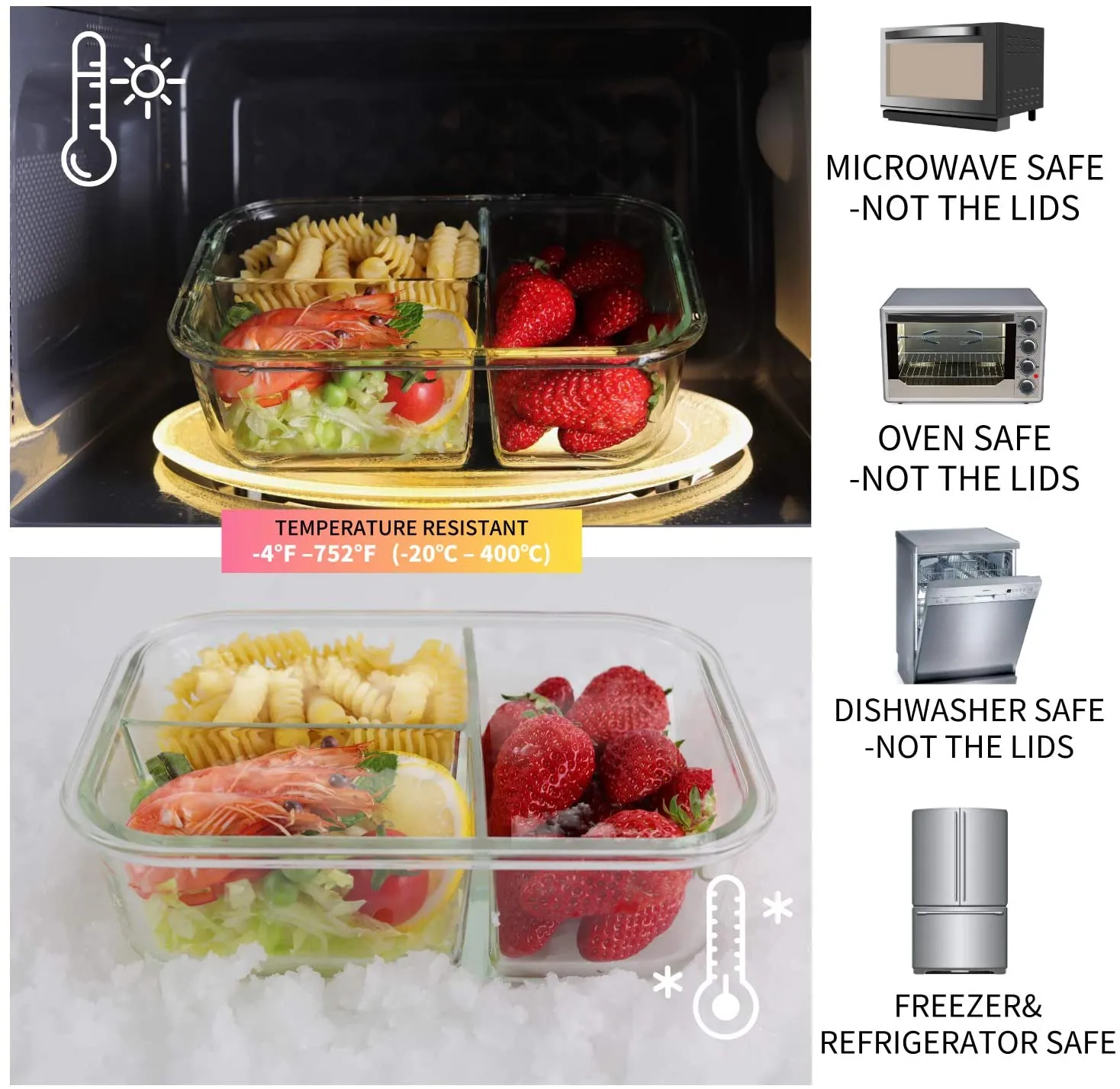 FIT Strong & Healthy  Bayco 8 Pack Glass Meal Prep Containers 3 Compartment, Glass Food Storage Containers with Lids, Airtight Glass Lunch Bento Boxes, BPA-Free & Leak Proof (8 lids & 8 Containers)