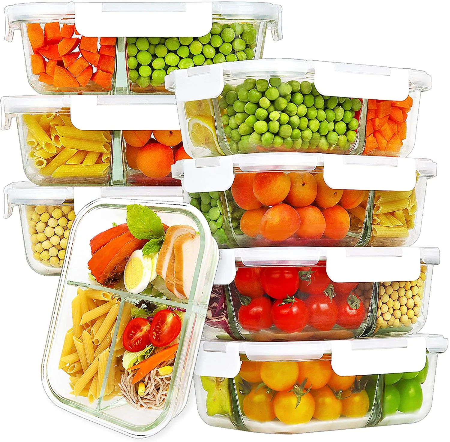 FIT Strong & Healthy  Bayco 8 Pack Glass Meal Prep Containers 3 Compartment, Glass Food Storage Containers with Lids, Airtight Glass Lunch Bento Boxes, BPA-Free & Leak Proof (8 lids & 8 Containers)
