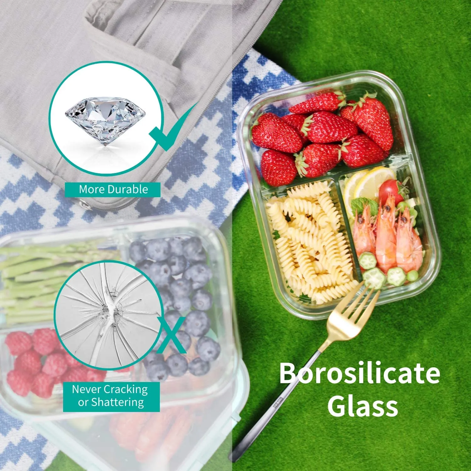 FIT Strong & Healthy  Bayco 8 Pack Glass Meal Prep Containers 3 Compartment, Glass Food Storage Containers with Lids, Airtight Glass Lunch Bento Boxes, BPA-Free & Leak Proof (8 lids & 8 Containers)