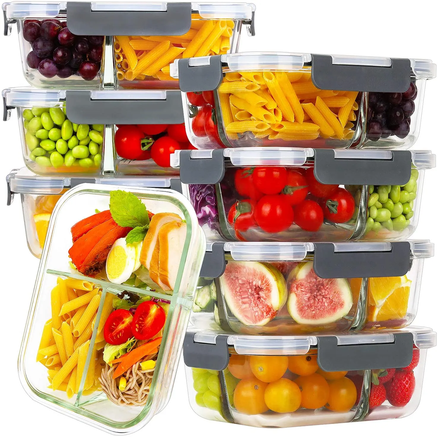 FIT Strong & Healthy  Bayco 8 Pack Glass Meal Prep Containers 3 Compartment, Glass Food Storage Containers with Lids, Airtight Glass Lunch Bento Boxes, BPA-Free & Leak Proof (8 lids & 8 Containers)