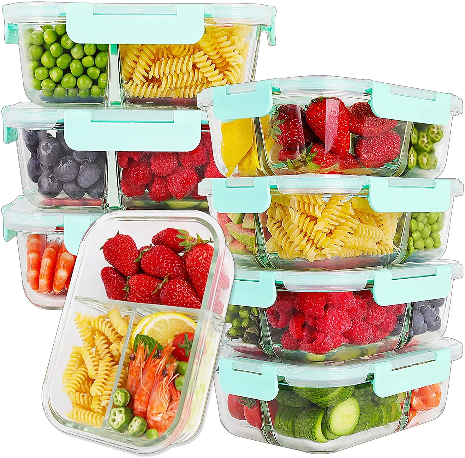 FIT Strong & Healthy  Bayco 8 Pack Glass Meal Prep Containers 3 Compartment, Glass Food Storage Containers with Lids, Airtight Glass Lunch Bento Boxes, BPA-Free & Leak Proof (8 lids & 8 Containers)