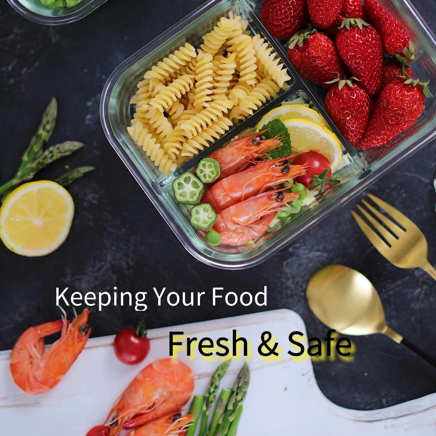 FIT Strong & Healthy  Bayco 8 Pack Glass Meal Prep Containers 3 Compartment, Glass Food Storage Containers with Lids, Airtight Glass Lunch Bento Boxes, BPA-Free & Leak Proof (8 lids & 8 Containers)