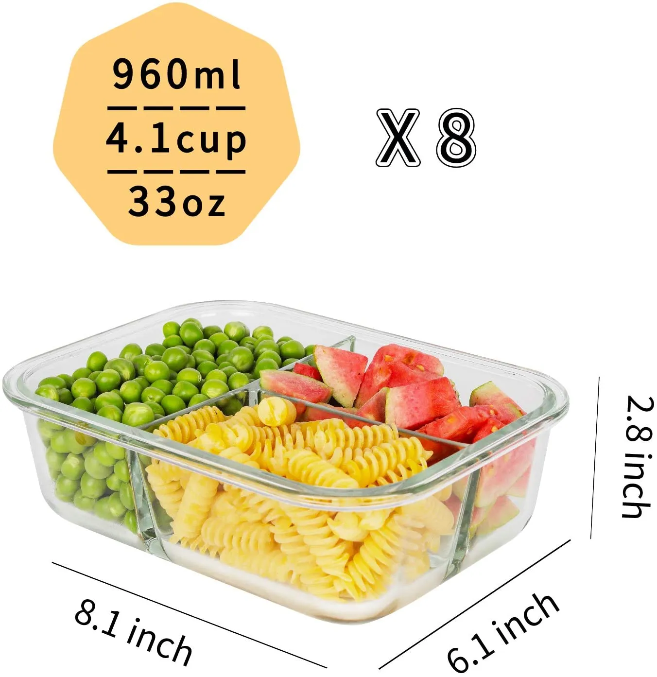 FIT Strong & Healthy  Bayco 8 Pack Glass Meal Prep Containers 3 Compartment, Glass Food Storage Containers with Lids, Airtight Glass Lunch Bento Boxes, BPA-Free & Leak Proof (8 lids & 8 Containers)