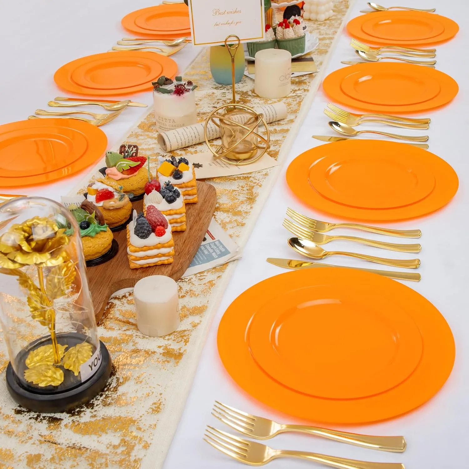FLOWERCAT 60PCS Orange Plates - Heavy Duty Orange Plastic Plates Disposable for Thanksgiving Party - Serve 30 Guests 10.25inch and 7.5inch