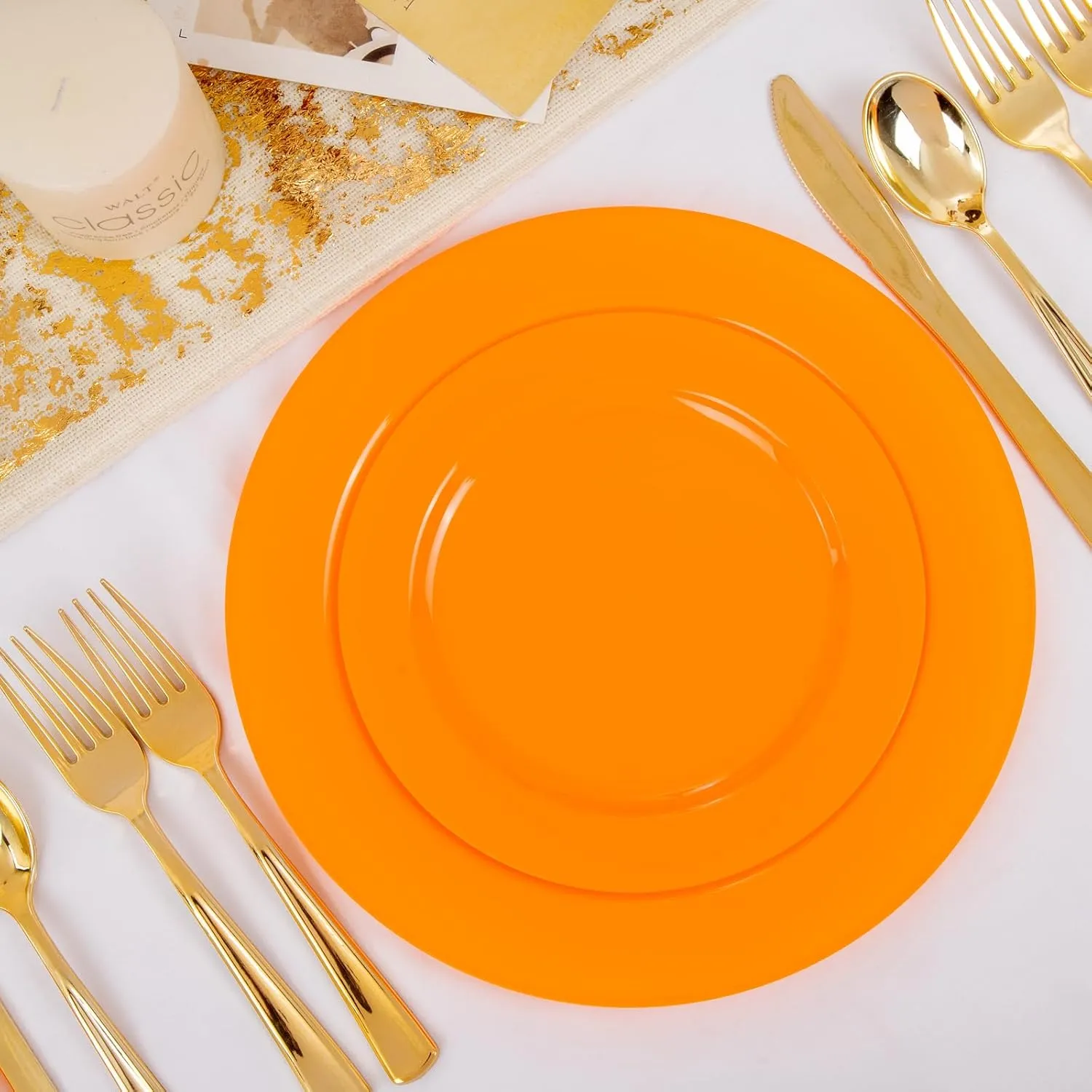 FLOWERCAT 60PCS Orange Plates - Heavy Duty Orange Plastic Plates Disposable for Thanksgiving Party - Serve 30 Guests 10.25inch and 7.5inch