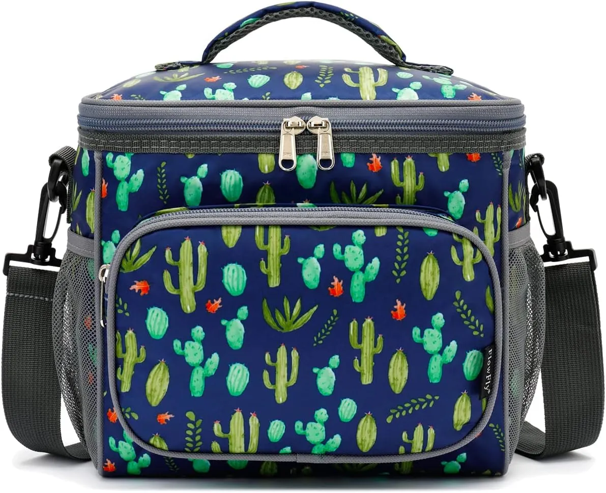 FlowFly Insulated Reusable Lunch Bag Adult Large Lunch Box for Women and Men with Adjustable Shoulder Strap,Front Zipper Pocket and Dual Large Mesh Side Pockets,Cactus