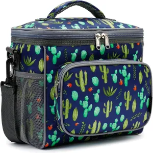 FlowFly Insulated Reusable Lunch Bag Adult Large Lunch Box for Women and Men with Adjustable Shoulder Strap,Front Zipper Pocket and Dual Large Mesh Side Pockets,Cactus
