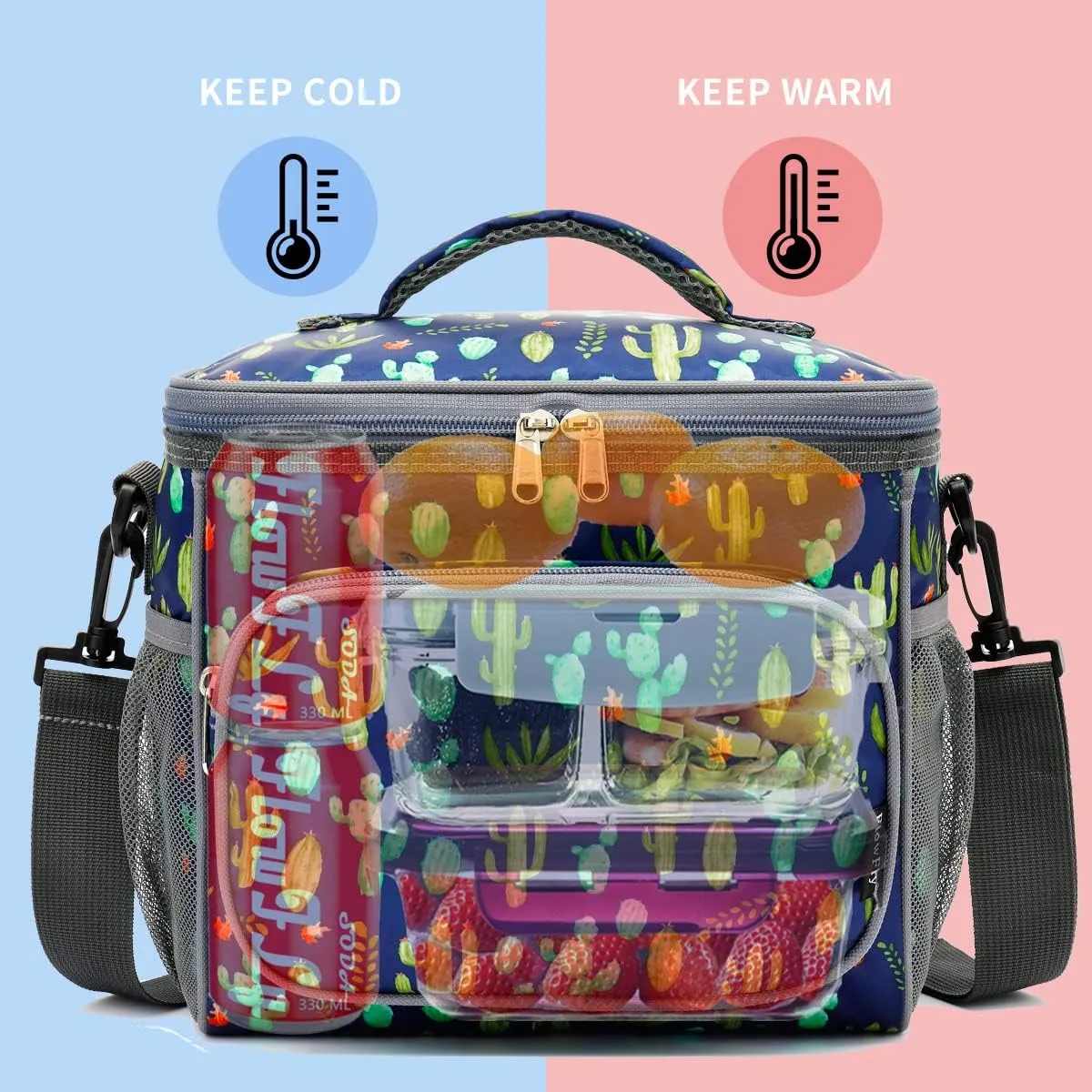 FlowFly Insulated Reusable Lunch Bag Adult Large Lunch Box for Women and Men with Adjustable Shoulder Strap,Front Zipper Pocket and Dual Large Mesh Side Pockets,Cactus