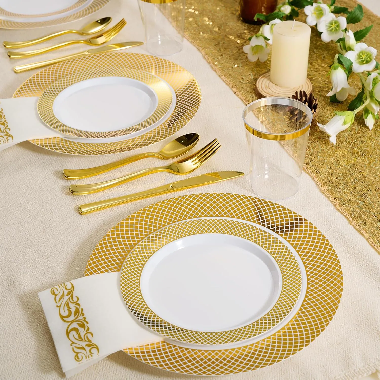 FOCUSLINE 175 Ct Gold Dinnerware Set for 25 Guests - Disposable Plastic Plates with Gold Grid, Includes 25 Dinner & Salad Plates, Cups, Cutlery Set for Wedding Parties