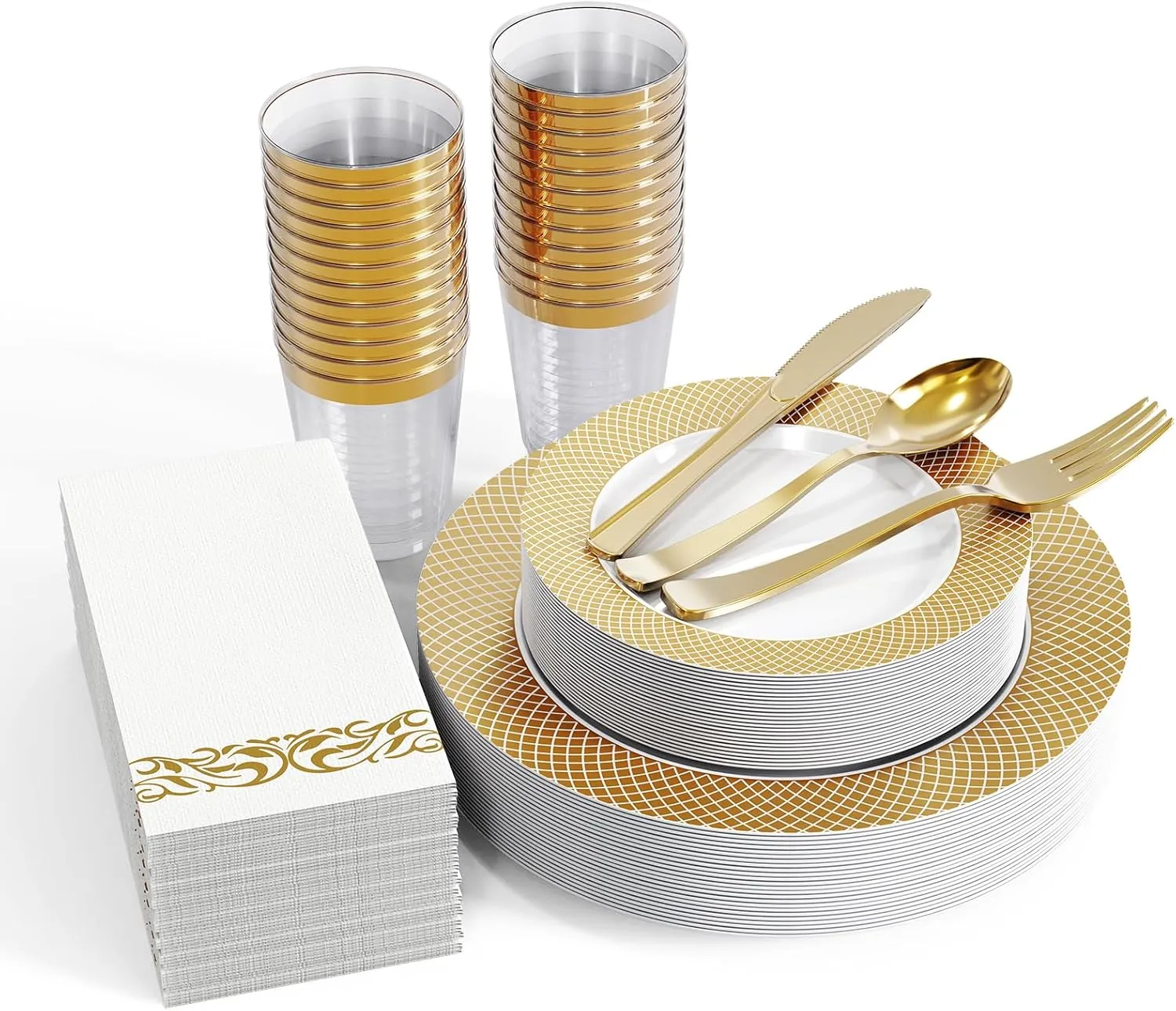 FOCUSLINE 175 Ct Gold Dinnerware Set for 25 Guests - Disposable Plastic Plates with Gold Grid, Includes 25 Dinner & Salad Plates, Cups, Cutlery Set for Wedding Parties