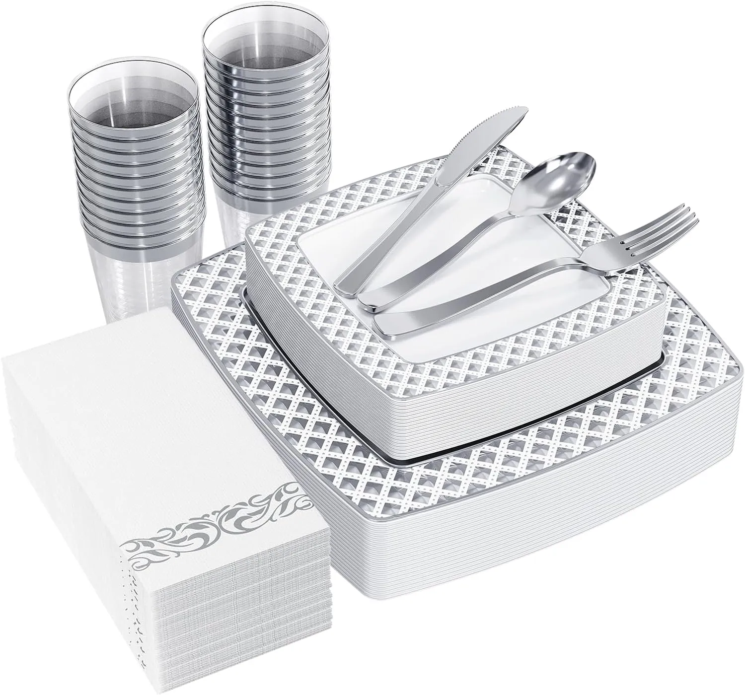 FOCUSLINE 175 Piece Silver Dinnerware Set for 25 Guests- Square Plastic Plates with Diamond- Including Disposable 25 Dinner Plates, 25 Dessert Plates, 25 Napkins, 25 Cups, 25 Silverware Set